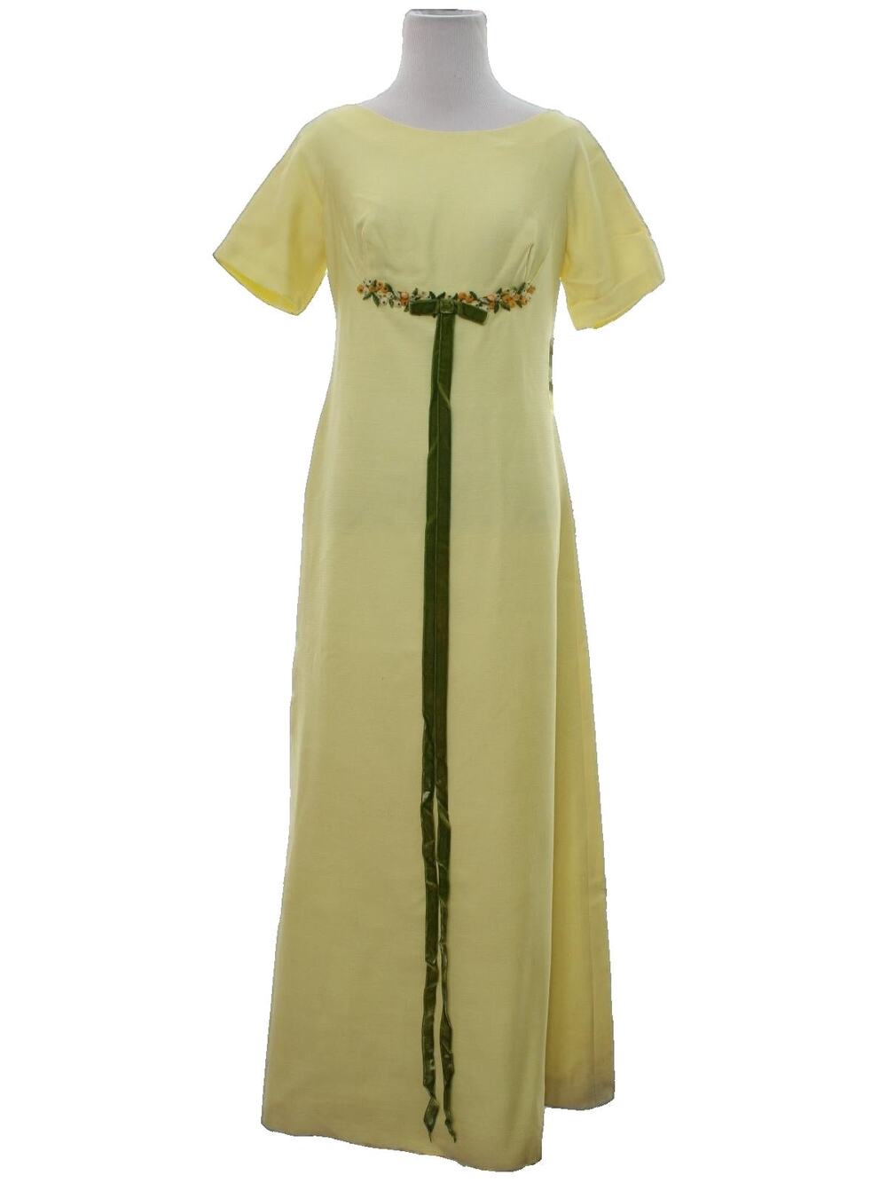 Vintage 60s Yellow Empire Waist Maxi Dress Floral Velvet Ribbon Women's XS